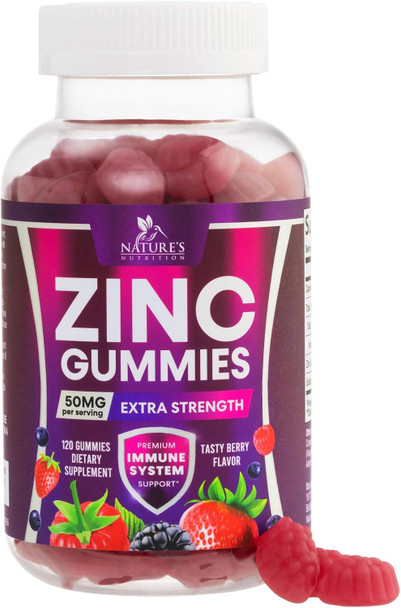 Nature'S Nutrition Zinc Gummies for Adults 50 mg - High Absorption Bone Skin & Immune Health Support Gummy & Antioxidant Chewable Supplement - Non-GMO Vegan & Gluten Zinc Vitamin Mixed Berry Flavor - 120 Gummies