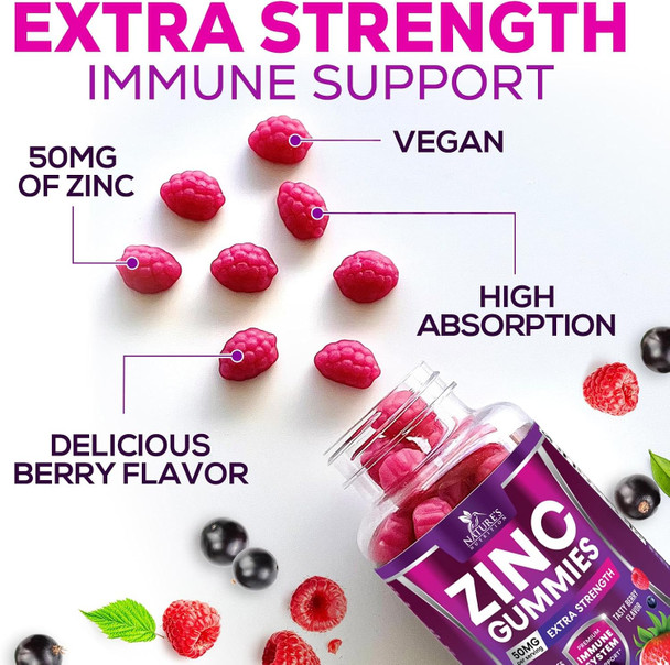 Nature'S Nutrition Zinc Gummies for Adults 50 mg - High Absorption Bone Skin & Immune Health Support Gummy & Antioxidant Chewable Supplement - Non-GMO Vegan & Gluten Zinc Vitamin Mixed Berry Flavor - 120 Gummies