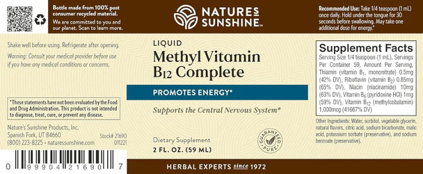 Nature'S Sunshine Methyl B-12 Complete Liquid 2 fl. oz. | Promotes Energy Contributes to Nervous System Function Supports the Immune System and Provides 1000 mcg Vitamin B12 per Serving