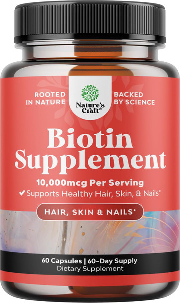 Natures Craft 10000 mcg Pure Biotin Pills for Women Men - Promotes Thicker and Fuller Hair. Natural Supplement for Shiny Thick Hair Growth - Vegetarian Vitamin Capsules - Get Clear Skin Strong Nails