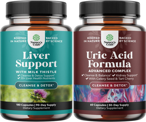 Natures Craft Bundle of Liver Cleanse and Detox & Repair Formula - Herbal Liver Support Supplement and Vegan Uric Acid Cleanse and Detox - Daily Kidney Cleanse and Uric Acid Support for Adults