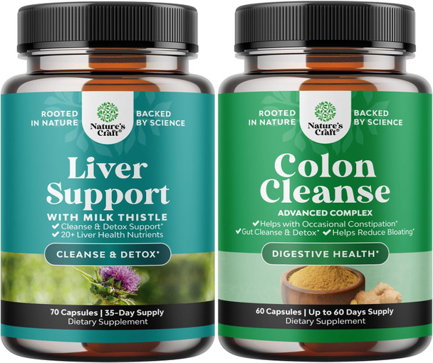 Natures Craft Bundle of Liver Cleanse Detox & Repair Complex and Colon Cleanser & Detox - Herbal Liver Support Supplement with Silymarin Milk - Lactobacillus Acidophilus Probiotic Supplement Body Cleanse