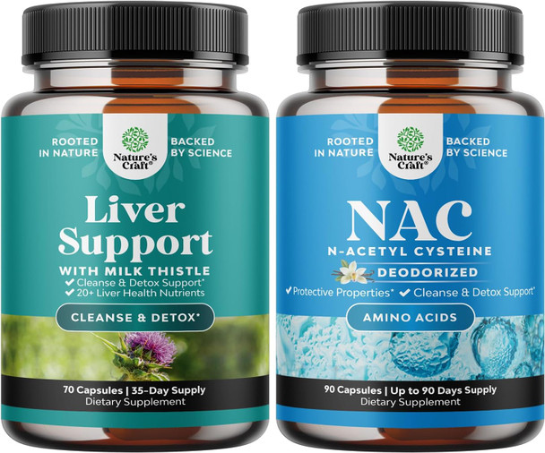 Natures Craft Bundle of Liver Cleanse Detox & Repair Formula and NAC Supplement N-Acetyl Cysteine 600mg - Herbal Liver Support Supplement with Milk Thistle - High Absorption NAC 600 mg Capsules Glutathione