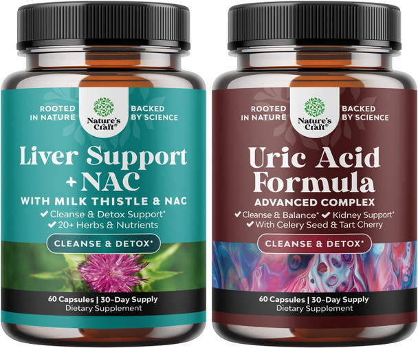 Natures Craft Bundle of Liver Support Supplement with NAC for Liver Cleanse and Vegan Uric Acid Cleanse and Detox for Men and Women's Joints Kidneys and More