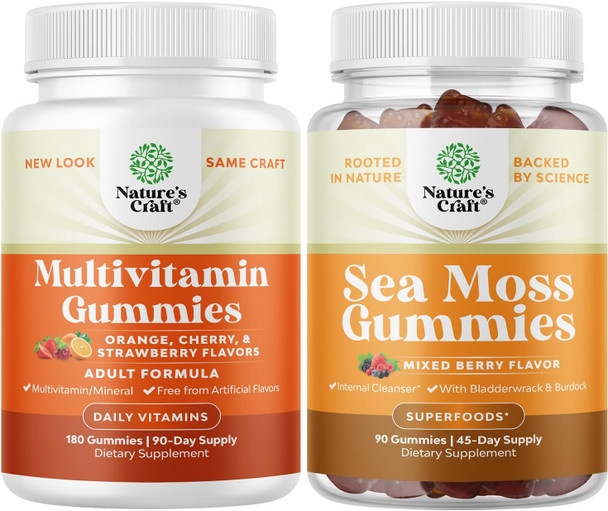 Natures Craft Bundle of Potent Daily Multivitamin Gummies for Adults for Energy and Immunity and Irish Sea Moss Gummies for Adults and Kids Vegan Immune Support Gummies