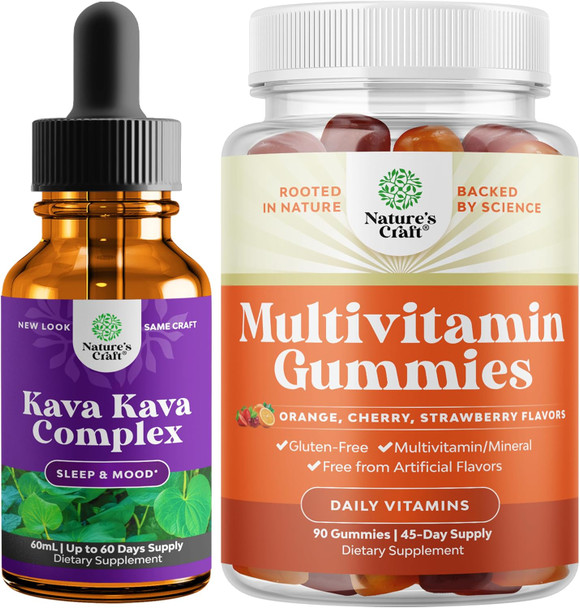 Natures Craft Bundle of Potent Liquid Kava Kava Drops - Calming High Concentration Kava Extract and Potent Daily Multivitamin Gummies for Adults - Adult Vitamin Gummy for Energy and Immunity