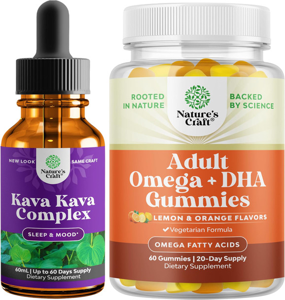 Natures Craft Bundle of Potent Liquid Kava Kava Drops - Calming High Concentration Kava Extract and Vegetarian Omega 3 Gummies for Adults for Brain Bone and Heart Health and Joint Support