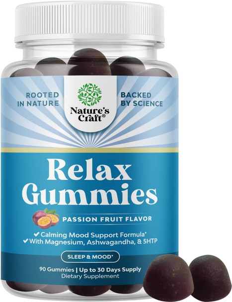 Natures Craft Calming Gummies for Adults with Ashwagandha and Magnesium - Relaxing Stress Gummies with L Theanine 5HTP and Lemon Balm Extract - Adaptogenic Gummies with Chamomile Extract and Vitamin B6 - 90 Count