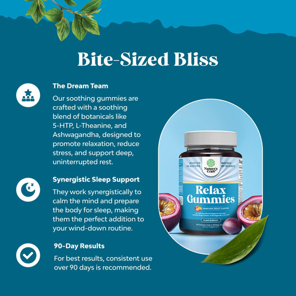 Natures Craft Calming Gummies for Adults with Ashwagandha and Magnesium - Relaxing Stress Gummies with L Theanine 5HTP and Lemon Balm Extract - Adaptogenic Gummies with Chamomile Extract and Vitamin B6 - 90 Count