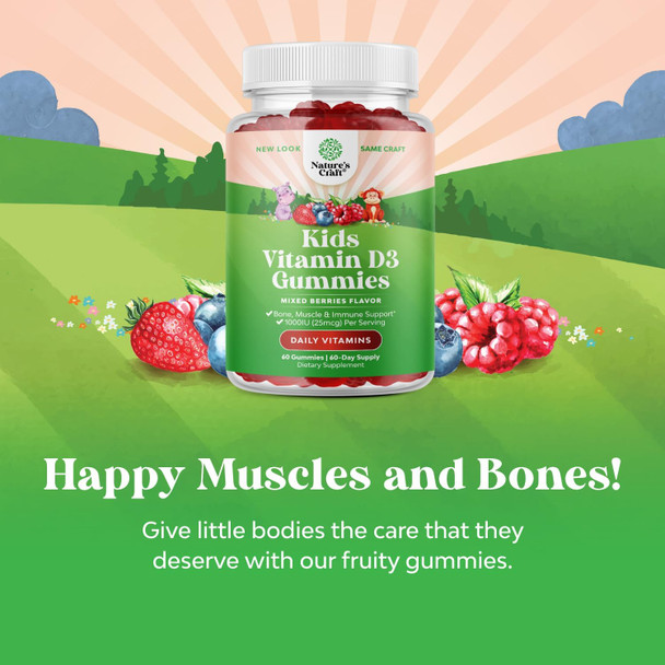 Natures Craft Chewable Vitamin D Gummies for Kids - Delicious Kids Vitamin D 1000 IU Per Serving Gummy Vitamins for Kids and Toddlers Immune Support Plus Muscle and Bone Health - Kosher Gelatin Fruit Flavors