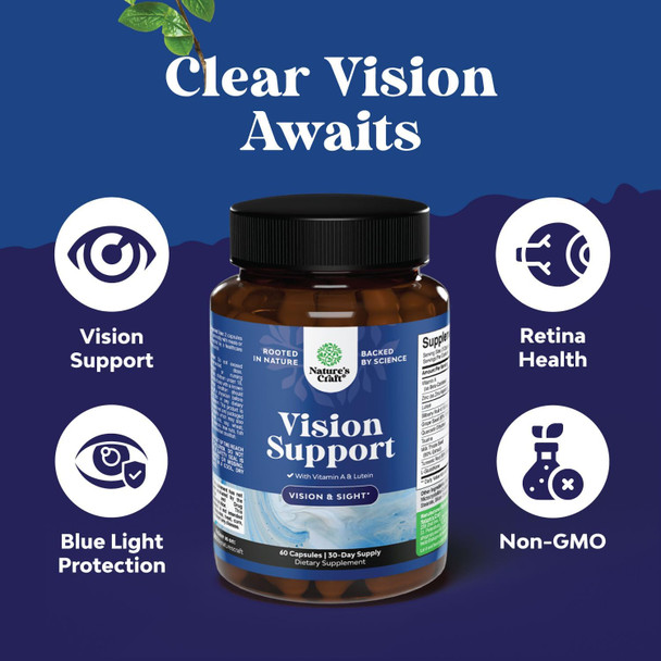 Natures Craft Complete Eye Health Supplement for Adults - Lutein 20mg Per Serving Eye Vitamins for Vision Dry Eyes Pressure and Blue Light Protection - Eye Supplement for Adults with Beta Carotene for Eyes