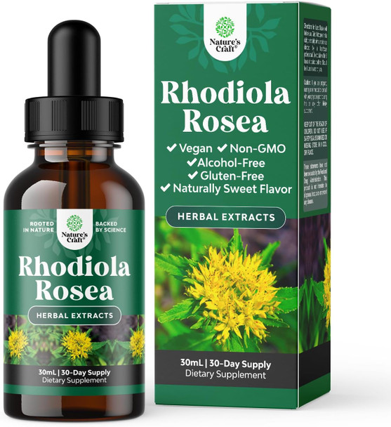 Natures Craft High Potency Rhodiola Rosea Tincture - Liquid Rhodiola Supplement for Stress Energy and Mood Support with 3% Salidrosides Rhodiola Rosea Extract - Vegan Non-GMO & Alcohol- (1 fl oz)