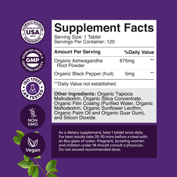 Natures Craft High Strength Organic Ashwagandha Supplements - Calm Mood Support Ashwagandha with Black Pepper for Enhanced Absorption - Vegan and Non-GMO (120 Tablets)