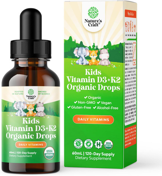 Natures Craft Liquid Vitamin D3 Drops for Kids - Organic Vitamin D for Kids and Babies with Vitamin K2 - Vegan Vitamin D3 K2 Kids Vitamins for Immune Support - Liquid Vitamin D Drops for Infants Toddlers and Kids