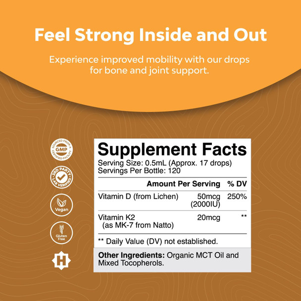 Natures Craft Liquid Vitamin D3 with K2 for Adults - Organic Vitamin D3 K2 Drops with 2000IU per Serving - Vegan Vitamin D3 Liquid Drops for Bone Muscle Heart & Immune Support with MCT Oil for Enhanced Absorption