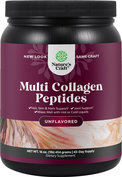 Natures Craft Multi Collagen Protein Powder for Women and Men - Keto Hydrolyzed Collagen Peptides 45 Servings Hair Skin and Nails Vitamins - Unflavored Bovine Collagen Type 1 and 3 for Bone and Joint Support