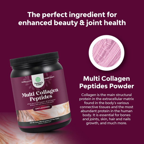 Natures Craft Multi Collagen Protein Powder for Women and Men - Keto Hydrolyzed Collagen Peptides 45 Servings Hair Skin and Nails Vitamins - Unflavored Bovine Collagen Type 1 and 3 for Bone and Joint Support