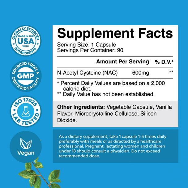 Natures Craft NAC Supplement N-Acetyl Cysteine 600mg - Vegan High Absorption NAC 600 mg Capsules - Glutathione Precursor for Liver Cleanse Detox & Repair plus Lung Health and Immunity Support (180 Servings)