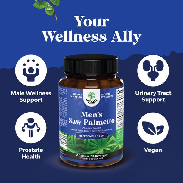Natures Craft Saw Palmetto for Men with Beta Sitosterol - Saw Palmetto Extract Prostate Support Supplement for Men's Health & Better Bladder Control plus Restoring Hair Supplement for Hair Health for Men - 2 pack