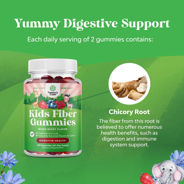 Natures Craft Sugar Fiber Gummies for Kids - Delicious Prebiotic Kids Fiber Gummies for Constipation Digestive Support & Immunity - Non-GMO Vegan Chicory Root Soluble Fiber Supplement for Kids Digestive Health
