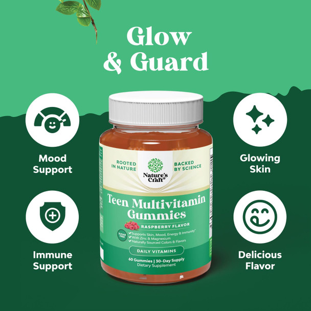 Natures Craft Sugar Gummy Vitamins for Teen Girls & Boys - Teen Vitamins for Boys 12-17 Gummies & Girls 12-17 for Enhanced Immunity Energy and Skin - Teen Multivitamin for Girls 12-17 and Boys with Magnesium