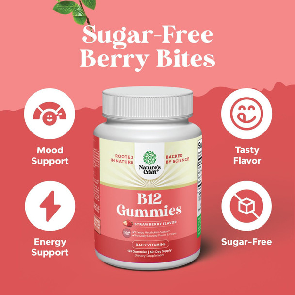 Natures Craft Sugar Vitamin B12 1000 mcg Gummies - Vegan B12 Gummies for Adults Energy Focus Immunity and Nerve Support - Vitamin B12 Gummies for Adults - Kosher Non GMO Gluten & Vegan (60 Servings)