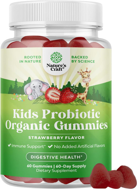 Natures Craft USDA Organic Probiotic Gummies for Kids - Vegan Non-GMO Kids Probiotic Gummy Vitamin for Immunity and Digestive Health - Gentle 2.5B CFU Organic Probiotics for Kids - Strawberry Flavor (2 Months)