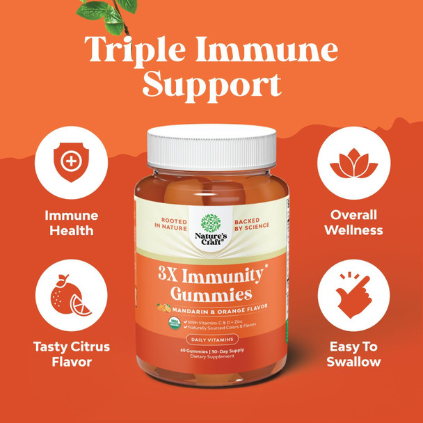 Natures Craft Vegan Organic Immune Support Gummies - D3 Zinc and Vitamin C Gummies for Adults Immunity - Organic Vitamin D Gummies for Adults Immune Support Supplement - Gluten & Non-GMO (30 Servings)
