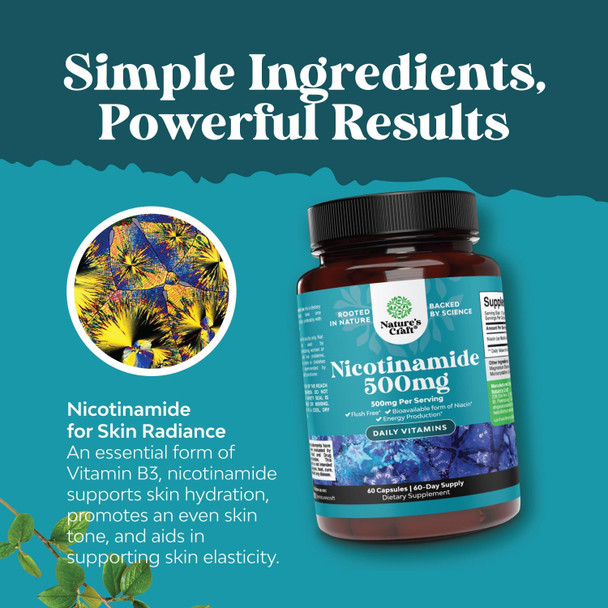 Natures Craft Vitamin B3 Niacinamide 500mg Capsules - Mitochondrial Energy and Potent Skin Supplement - Vitamin B3 Niacin 500mg Flush and Nicotinamide 500mg - Flush Niacin Supplement - 60 Count