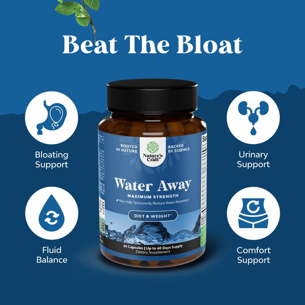 Natures Craft Water Retention Pills for Women and Men - Fast Acting Easy To Take Water Away Pills Maximum Strength Formula - Diuretic Pills for Water Retention Kidney Support and Bloating Relief for Women and Men
