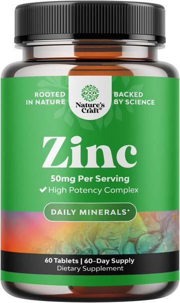 Natures Craft Zinc 50mg Immune Support Supplement - Zinc Complex Supplement for Immune System and Zinc Supplement to Enhance Hair Skin and Nails Vitamins - Easy to Swallow Potent Daily Zinc Tablets for Adults