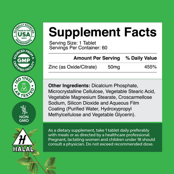Natures Craft Zinc 50mg Immune Support Supplement - Zinc Complex Supplement for Immune System and Zinc Supplement to Enhance Hair Skin and Nails Vitamins - Easy to Swallow Potent Daily Zinc Tablets for Adults
