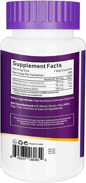 ‎Nbl Natural NBL Natural NAC (N-Acetyl Cysteine) 600 mg with Selenium & Molybdenum 100 Veg Capsules