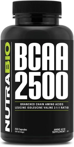 Nutrabio – BCAA 2500 – Branched Chain Amino Acids – Support Muscle Growth and Prevent Muscle Breakdown – 250 Capsules
