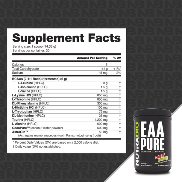 Nutrabio – EAA Pure – 9 Amino Acids – Muscle Repair and Recovery 30 Servings Cherry Limeade – Pre or Post Workout – All Day Recovery