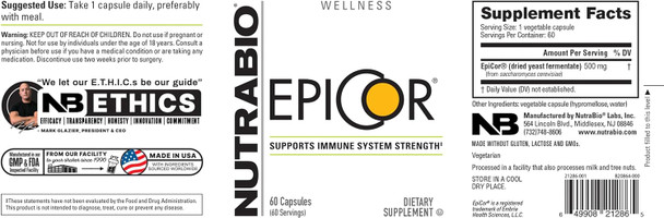 Nutrabio – Epicor Multi Vitamin – Prebiotic – Antioxidant Support – Independent Lab Tested - 500mg – 60 Vegetable Caps
