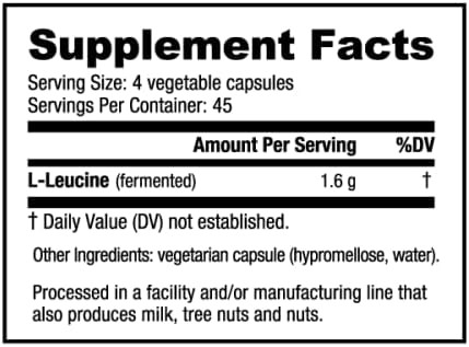 Nutrabio 100% Pure L-Leucine - Muscle Recovery and Support - Naturally Fermented Form Amino Acid - Vegan Non-GMO Gluten - 400mg 180 Capsules