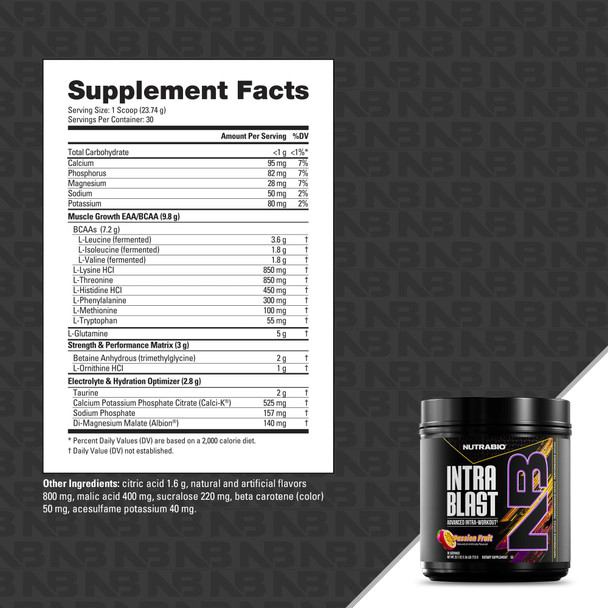 Nutrabio Intra Blast and Pre-Workout Powder - Advanced Electrolyte Performance Drink - Amino Acid Recovery EAA/BCAA Formula - Non-GMO and Gluten - Passion Fruit - 30 Servings