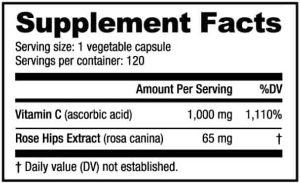 Nutrabio Vitamin C with Rose HIPS - Supports Healthy Bones Teeth and Gums Immune Function - No Fillers or Excipients - (120 Capsules 1000mg of Vitamin C per Capsule)