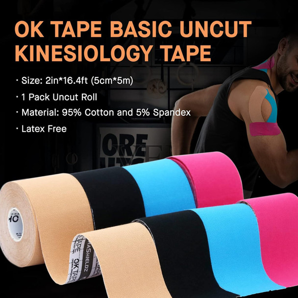 Ok Tape Basic Kinesiology Tape Uncut Cutton Elastic Athletic Tape 2 Rolls Beige and Black