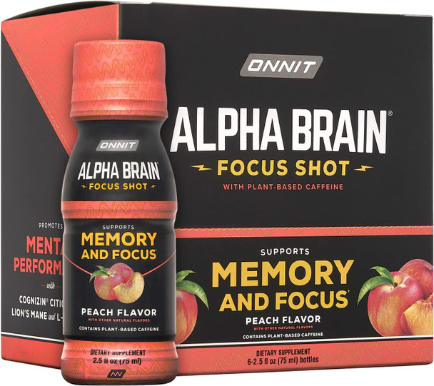 Onnit Alpha Brain Focus Energy Shot Supplement - Energy Focus Mood Stress Brain Booster Drink - Peach (2.5 fl oz 6 ct)