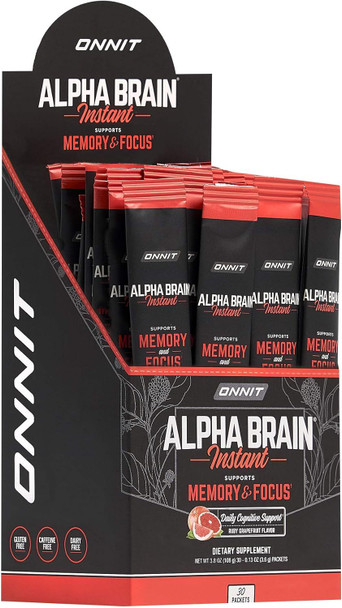 Onnit Alpha Brain Instant - Ruby Grapefruit Flavor - Nootropic Brain Booster Memory Supplement - Brain Support for Focus Energy & Clarity - Alpha GPC Choline Cats Claw L-Theanine Bacopa - 30ct