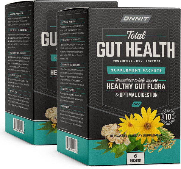 Onnit Total Gut Health - Complete Probiotics & Digestive Enzyme Supplement for Women & Men - 5 Strains of Probiotics Prebiotics Enzymes Betaine HCL - 2 Pack