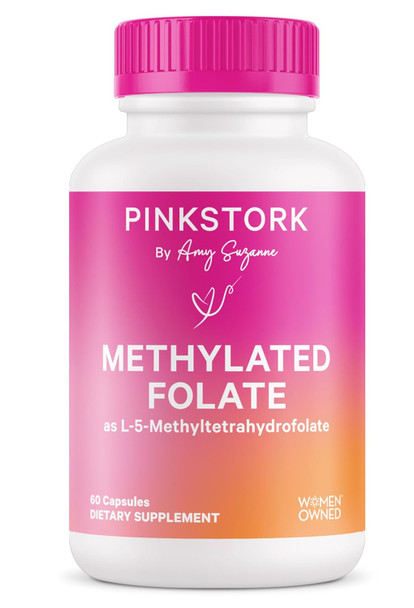 Pink Stork Folate: Methyl Folate - MTHFR Acid Natural Form of Folic Acid for Pregnancy Formulated for Mom + Baby Women-Owned 60 Capsules (Packaging May Vary)