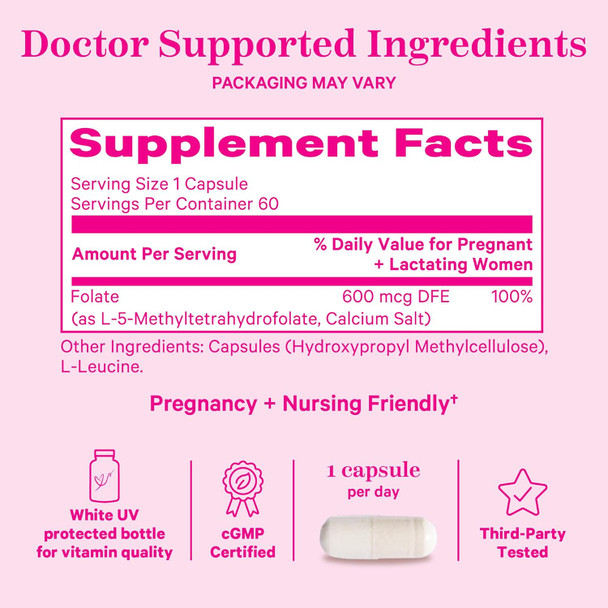 Pink Stork Folate: Methyl Folate - MTHFR Acid Natural Form of Folic Acid for Pregnancy Formulated for Mom + Baby Women-Owned 60 Capsules (Packaging May Vary)