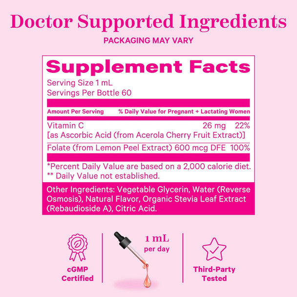 Pink Stork Liquid Folate: Whole-Food Vitamin B9 from Lemon Peels Natural Folic Acid with Vitamin C Liquid Prenatal Vitamins for Women Pregnancy Must Haves Women-Owned 2 oz