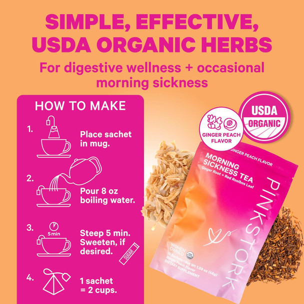 Pink Stork Morning Sickness Bundle with Organic Ginger Peach Tea and Sweets Supports Morning Sickness for Pregnant Women Digestion and Motion Sickness 1st Trimester Pregnancy Must Haves Set of 3