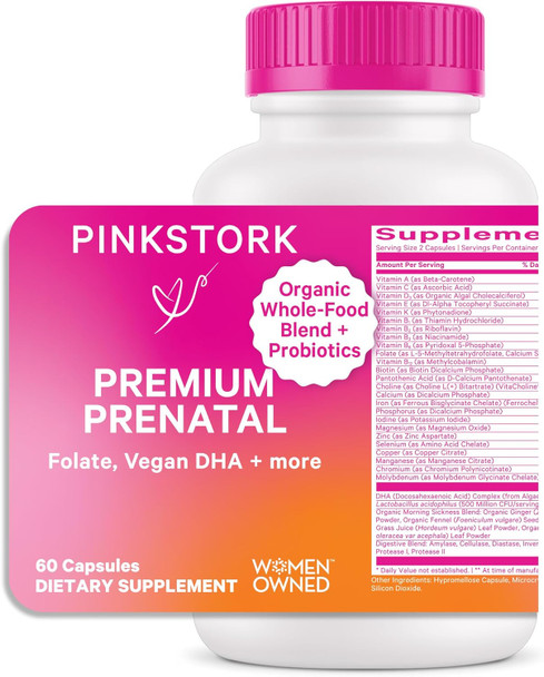 Pink Stork Premium Prenatal Vitamin for Women - Organic Whole-Food Ingredients Multivitamin & Probiotics - Morning Sickness Digestion & Energy - Folate B6 & Iron - 60 Capsules Pink Stork Premium Prenatal Vitamin for Women - Organic Whole-Food Ingredients Multivitamin & Probiotics - Morning Sickness Digestion & Energy - Folate B6 & Iron - 60 Capsules
