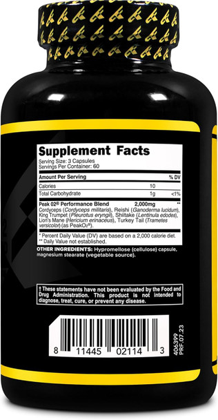 Primaforce Peak O2 Performance Mushroom Powered Oxygen Absorption Booster (180 Capsules) (2000 mg Per Serving 60 Servings) - Athletic Performance Supplement Ultimate Mushroom Blend