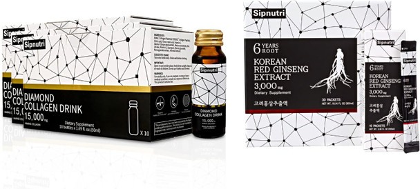 Sipnutri Diamond Collagen Drink 15000 mg and Liquid Korean Panax Ginseng Extract 3000 mg Sipnutri Diamond Collagen Drink 15000 mg and Liquid Korean Panax Ginseng Extract 3000 mg